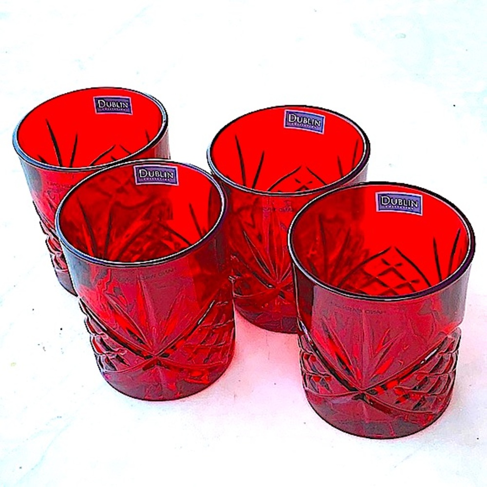 GODINGER DUBLIN COLLECTION DOUBLE OLD FASHIONED RED CRYSTAL GLASSES SET OF 4 NEW